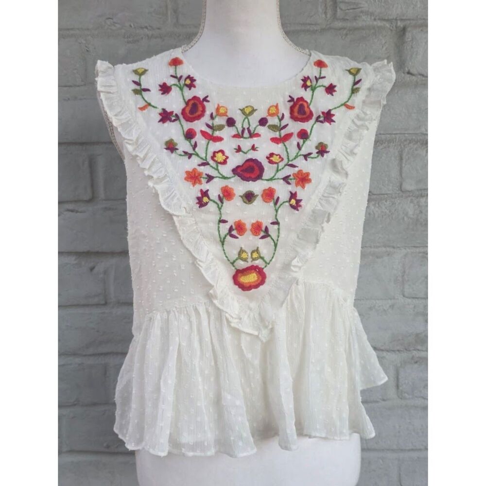 Zara Trafaluc Floral Embroidered Swiss Dot Ruffle Peplum Top Blouse White XS
